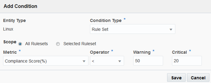 This image shows the Compliance Score (%) condition type with a warning alert below 50% and critical alert below 20%.