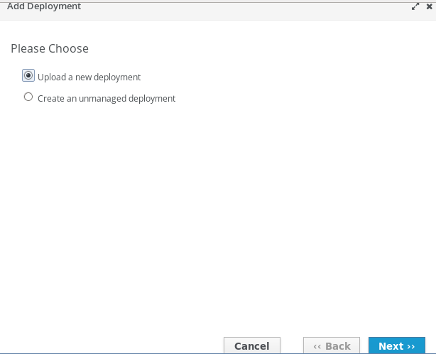 This image shows JBoss' add a new deployment page with the 'Upload a new deployment' radio button selected.