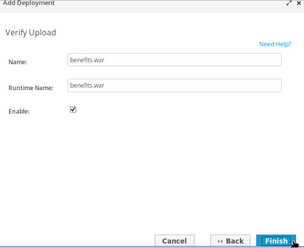 This image shows JBoss > Add a new deployment page and the file 'benefits.war' selected.