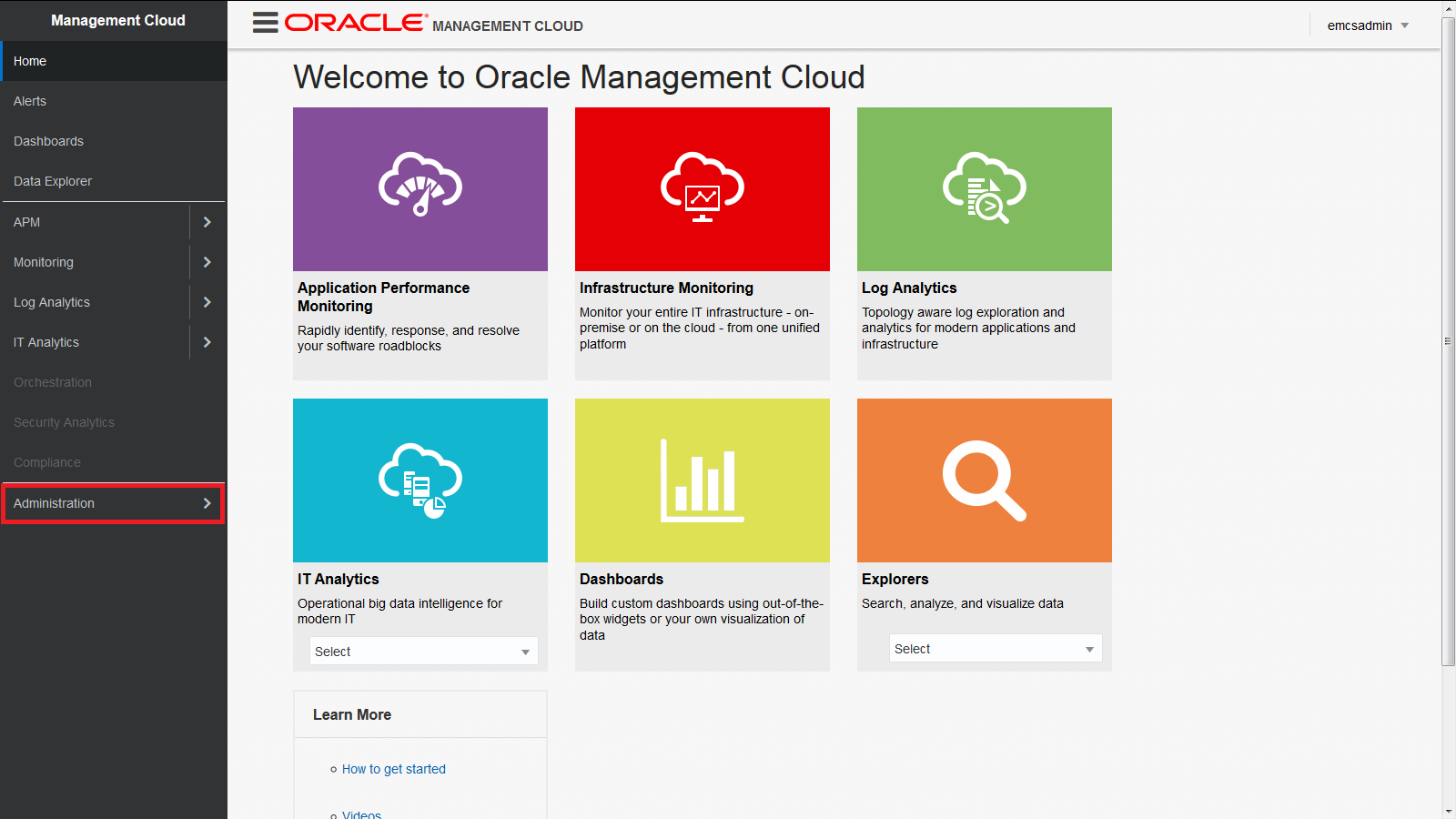 This image shows the main page for Oracle Management Cloud, with the Administration page highlighted.
