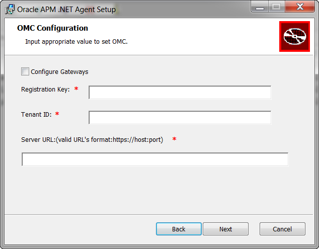 This image shows the fields which require the appropriate details to install the .Net Agent.
