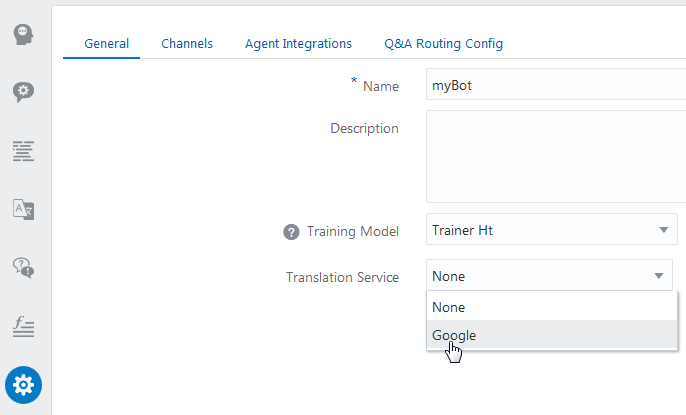 This is an image of the Translation Service menu on the Settings page.