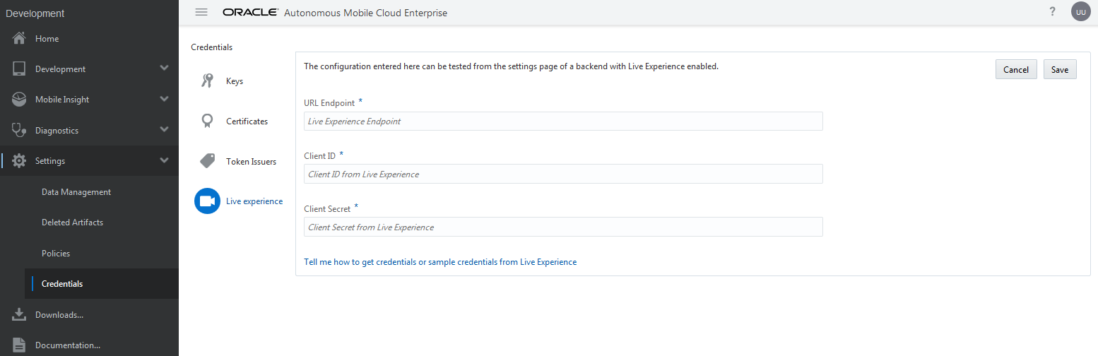 This image show the Live Experience credentials page with the URL Endpoint, Client ID, and Client Secret text boxes. All values are required.