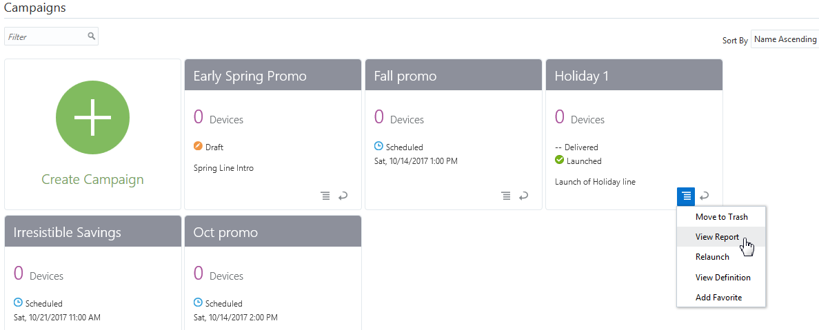 The Image shows the campaign tile named Holiday 1 with the Report menu open and View Report selected.