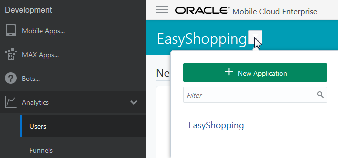 The illustration shows the Users category clicked in the left side menu. On the right side of the Users menu is the application menu with a drop down arrow to the right. The drop down menu is opened and shows the new application button, a filter field, and the Easy Shopping application showing in the application list.