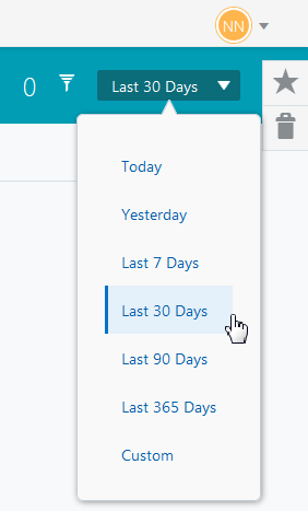 The illustration shows the global date selector with a drop down menu open. The dates showing in the menu, from top to bottom, are Today, Yesterday, Last seven days, Last thirty days, Last ninety days, Last three hundred sixty five days, and Custom. Last thirty days is selected.