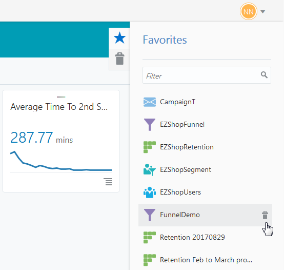 This illustration shows the Favorites menu opened with the report Funnel Demo highlighted and a hand cursor pointed to a trash can icon.