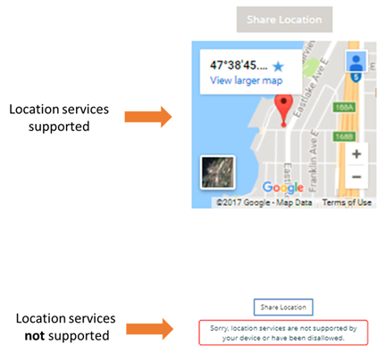 This image shows a map indicating location services are supported and a box with a message that location services are not supported.