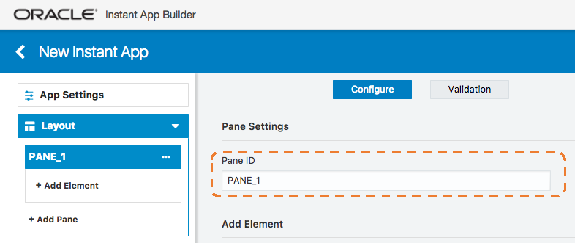Image shows the main panel in the Instant App Builder. The field Pane ID is circled and the content reads Pane 1.