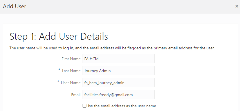 Add User dialog for HCM required user