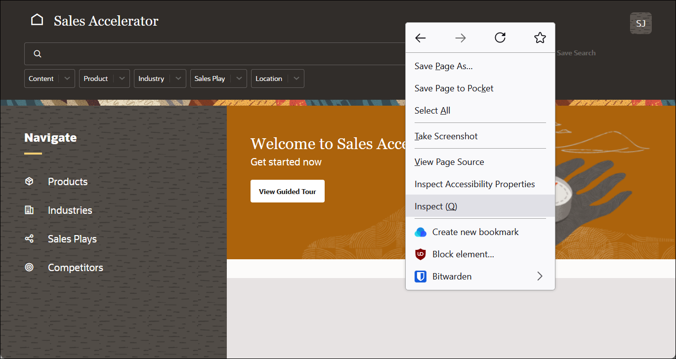 Right-click menu of an interface element on the Sales Accelerator home page.