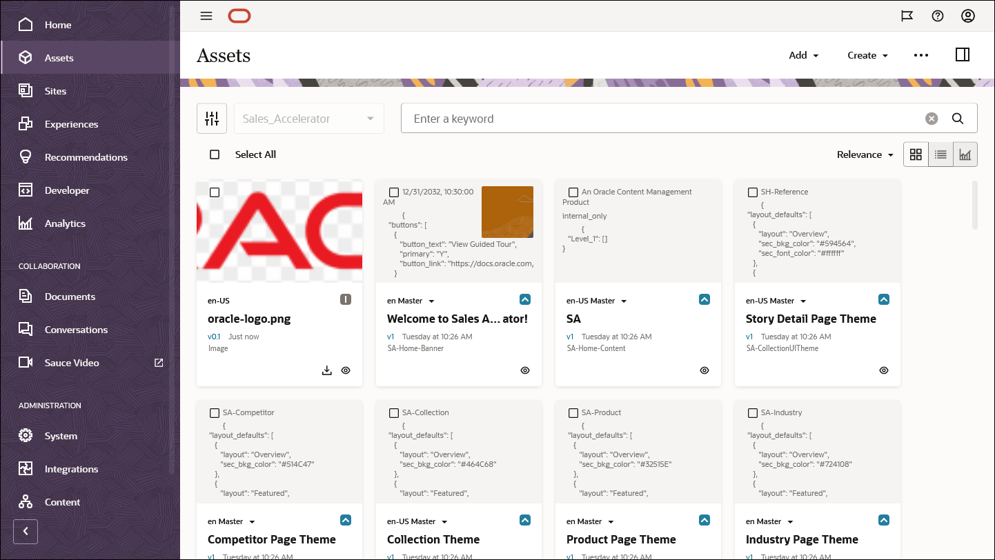 Uploaded branding logo on Assets page in Oracle Content Management.