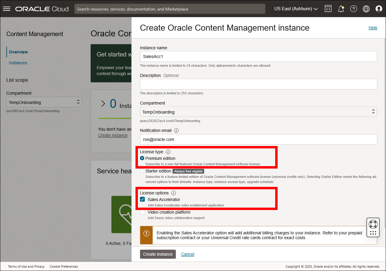 This image shows the Create Oracle Content Management Instance panel in the Oracle Cloud Console, with Premium Edition and Sales Accelerator Option selected.