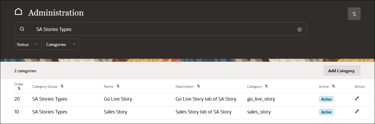 SA Stories Types items on the application configuration page.