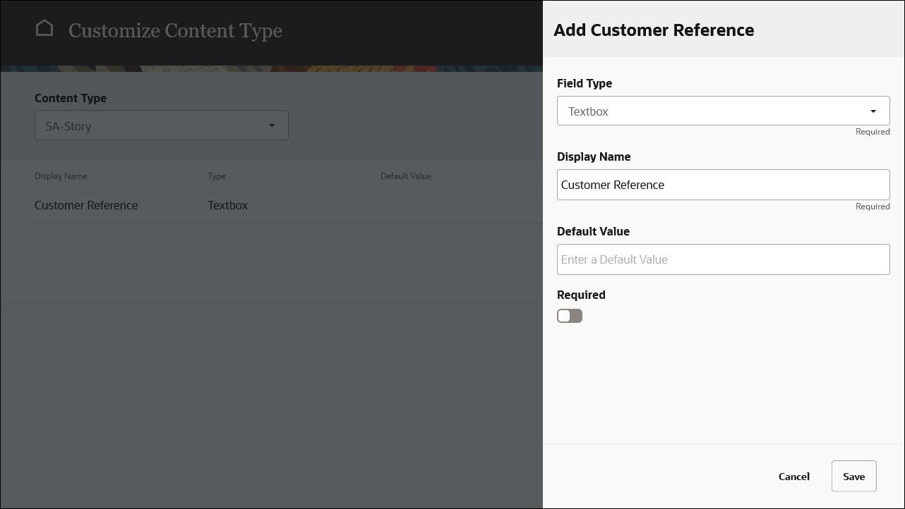 Definition panel for custom content type field.
