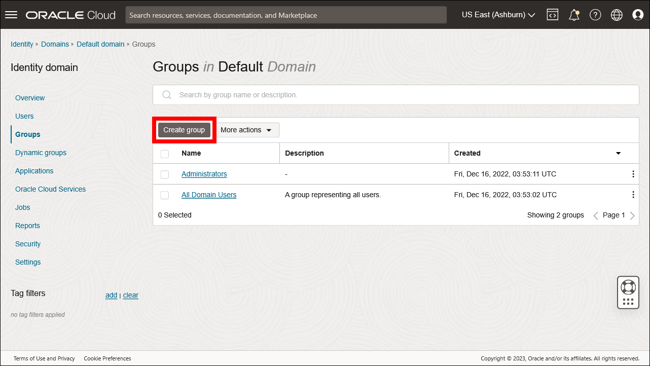 This image shows the identity domain page with the Groups page open.
