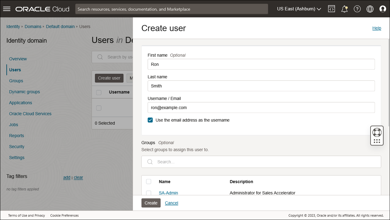 This image shows the Create User panel.