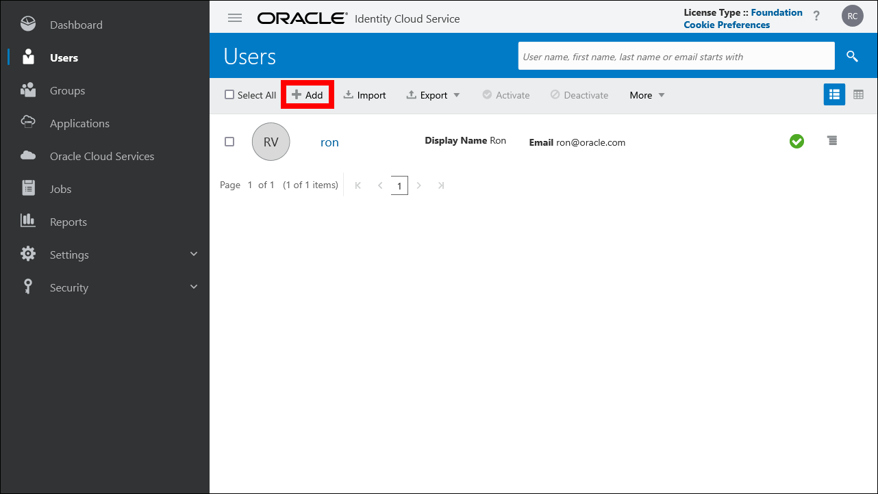 This image shows the Users page in the Oracle Identity Cloud Service Console.