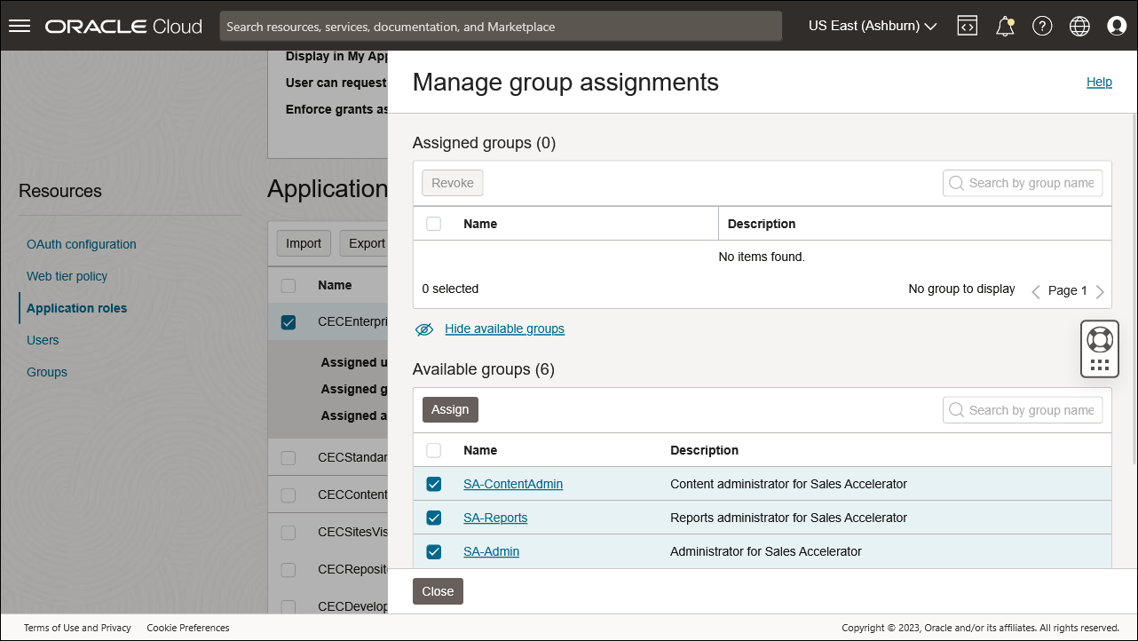 This image shows the Manage Group Assignments panel with various groups selected.