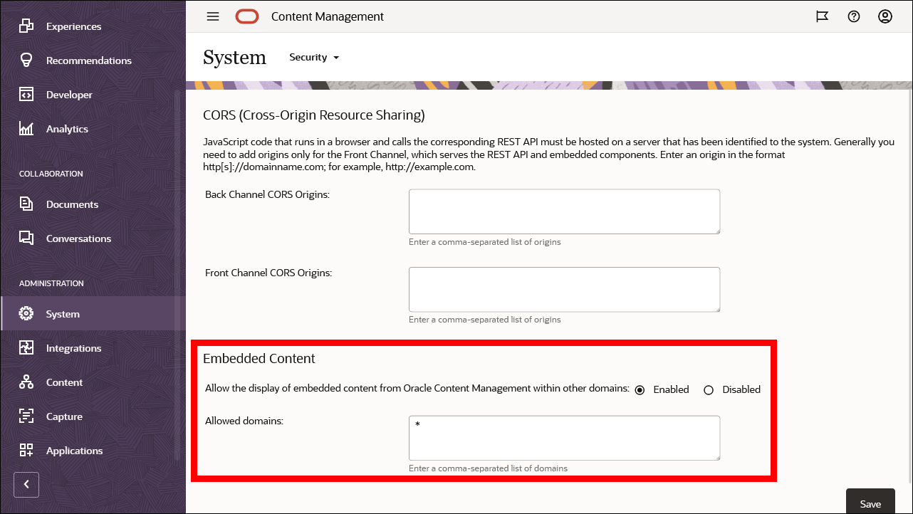This image shows the Security configuration page in Oracle Content Management.