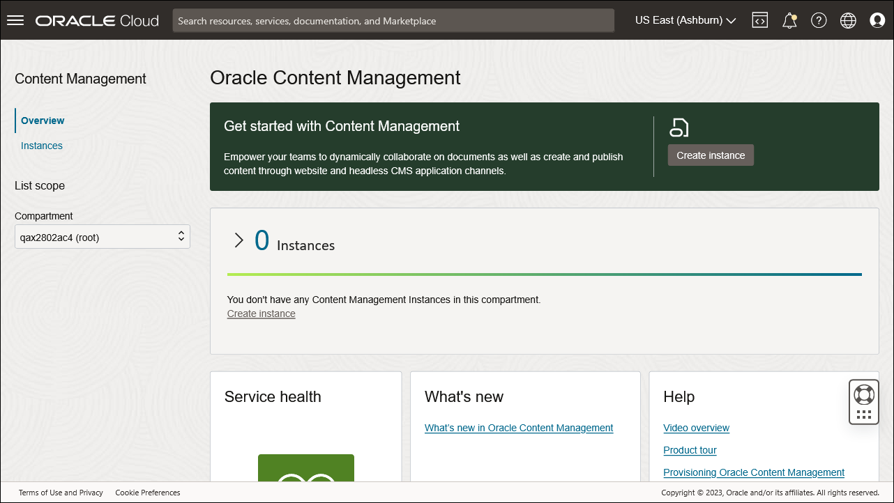 This image shows the Oracle Content Management page in the OCI console.
