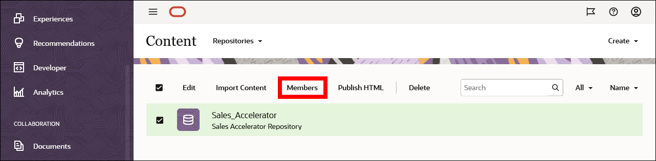 This image shows the Sales_Accelerator repository selected in the Oracle Content Management web interface.