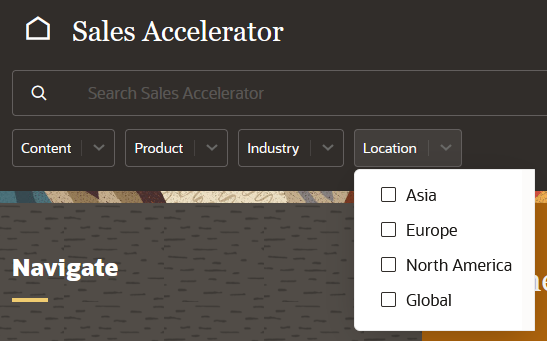 This image shows the Location filter list on the Oracle Sales Accelerator homepage, with fours options: Asia, Europe, North America, and Global.