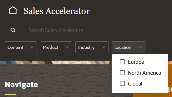 This image shows the Location filter list on the Oracle Sales Accelerator homepage, with three options: Europe, North America, and Global.