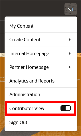 This image shows the user menu with the Contributor View option enabled and highlighted.