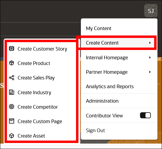 This image shows the user menu with the Contributor View option enabled and the Create Content menu highlighted and opened.