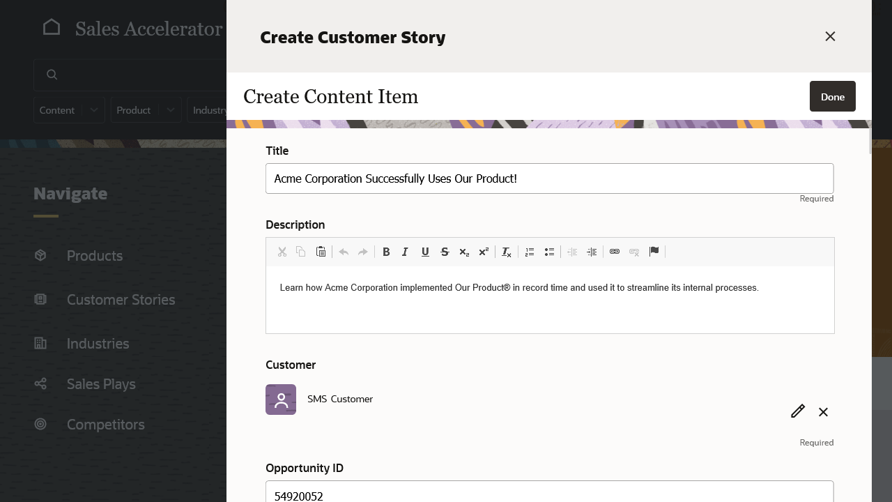 This image shows the definition panel for a customer story.