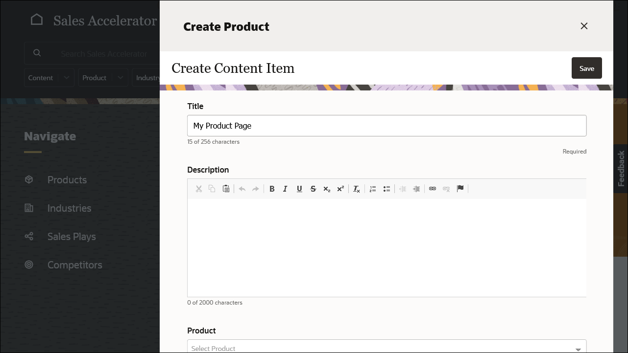 This image shows a Create Product panel, where users can define what the page should include.