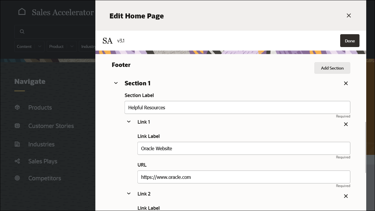 This image shows the Edit Home Page page, with the footer definition panel.