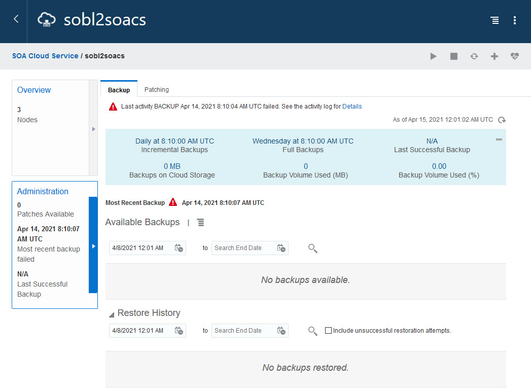 Oracle SOA Cloud Service Backups tab on the Administration page in Oracle Cloud Infrastructure