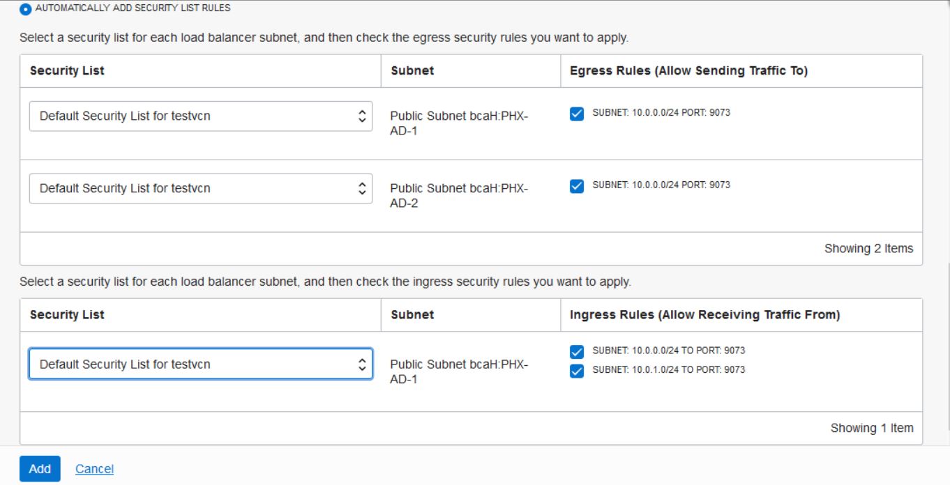 Add Backends dialog: security list rules