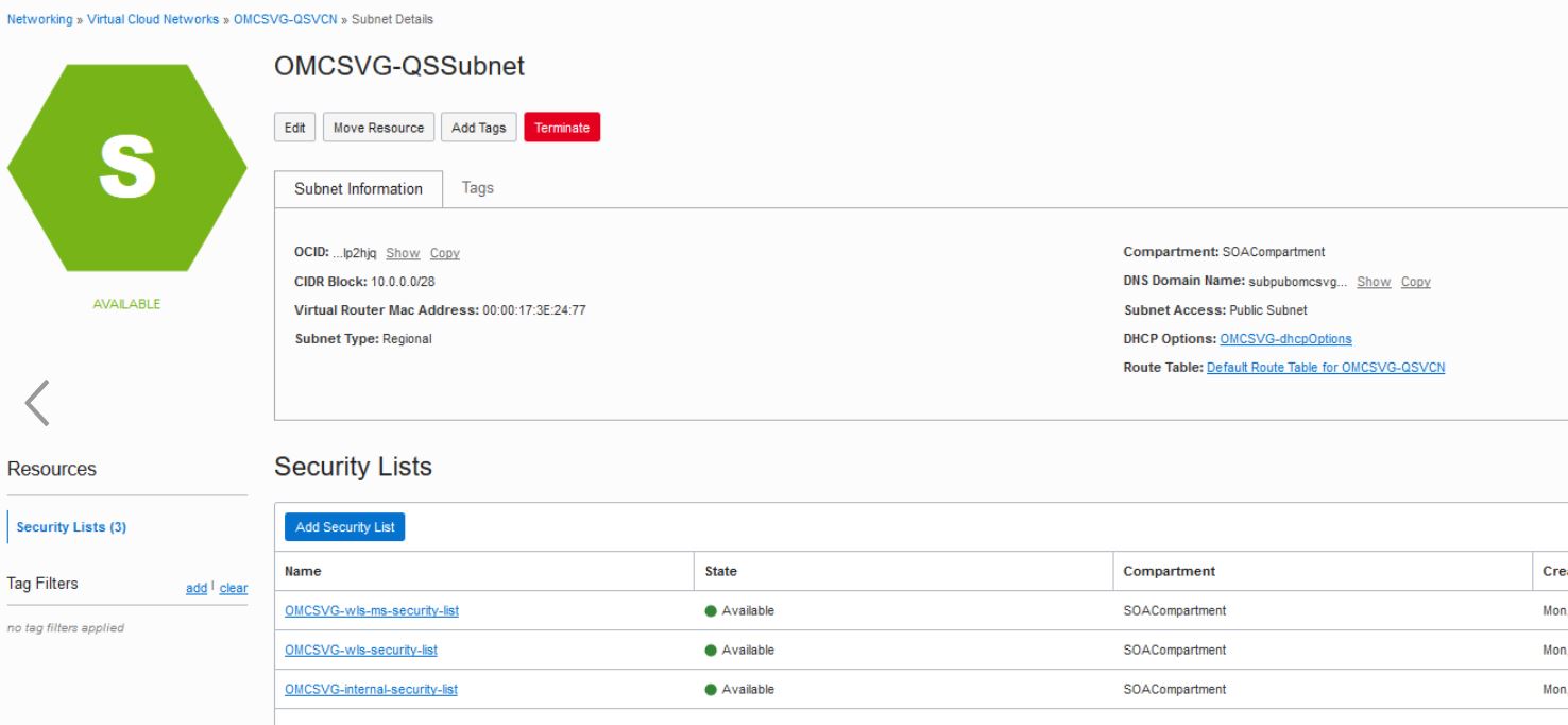 Configure Oracle SOA Suite on Marketplace quick start instance: security list resources