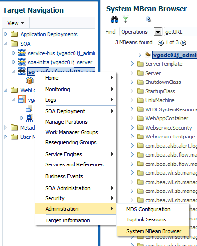 Screenshot that shows the result of right clicking the server. It exposes the Administration, and System MBean Browser items. Screenshot that shows the result of right clicking the server. It exposes the Administration, and System MBean Browser items.