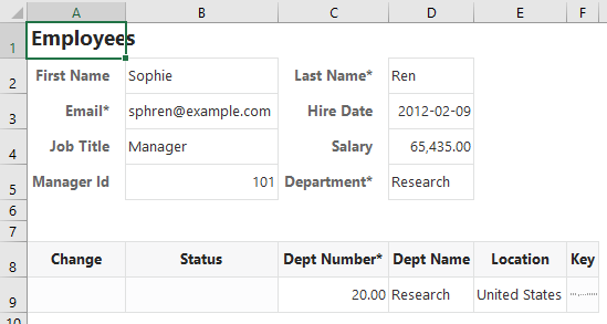 This image shows employee data in a Form-over-Table layout, with an employee's record shown as part of the form and the employee's department data shown as part of the table.