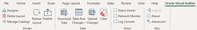 The Oracle Visual Builder tab that appears in Excel after you install the add-in