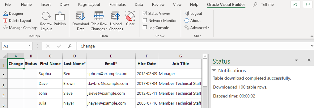 The image shows the shows the Oracle VBCS tab and the initial data table in the Excel workbook.