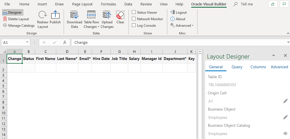The data table and Layout Designer that appear in the Excel workbook after you specify the business object from which you
				want to download data.