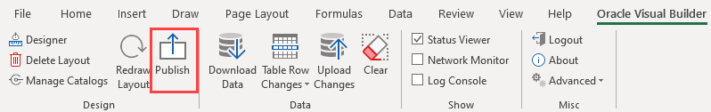 The image shows the shows the Oracle Visual Builder tab with the Publish command in focus.