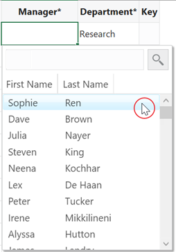 The search-and-select window showing two columns for the list of values.
