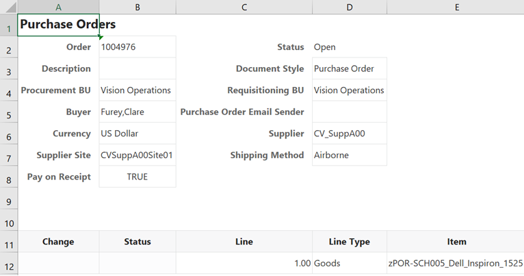 This image shows purchase order and line data in a Form-over-Table layout, with the purchase order shown in the form and the lines shown in the table.