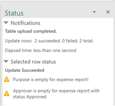 The Status Viewer showing two warnings on a successful update