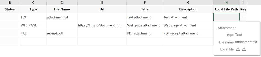 Table layout for an attachment business object showing the Local File Path column and the Attachment pop-up window