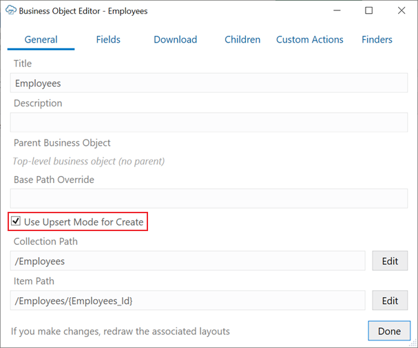 The Business Object Editor with Use Upsert Mode for Create enabled
