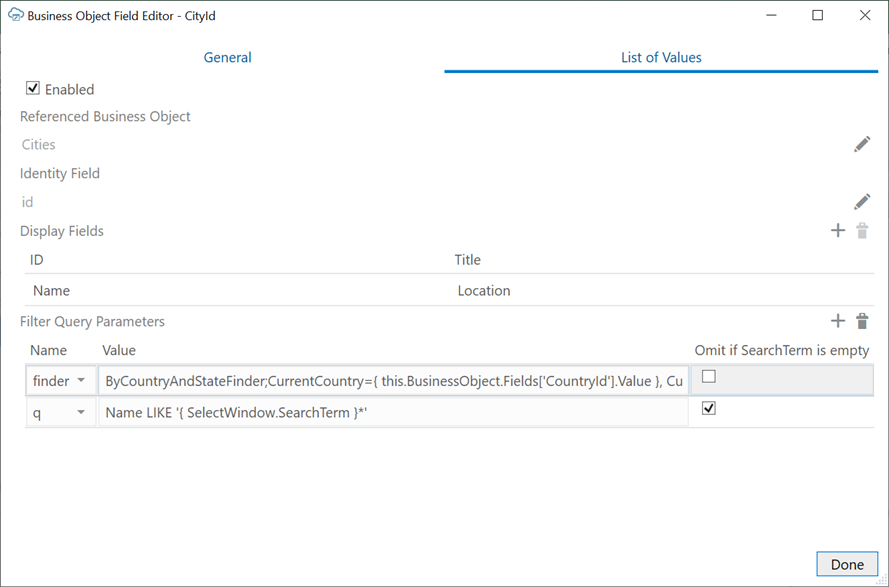 This image shows the filter query parameters in the Business Object Field Editor's List of Values tab. The Name parameter is set to 