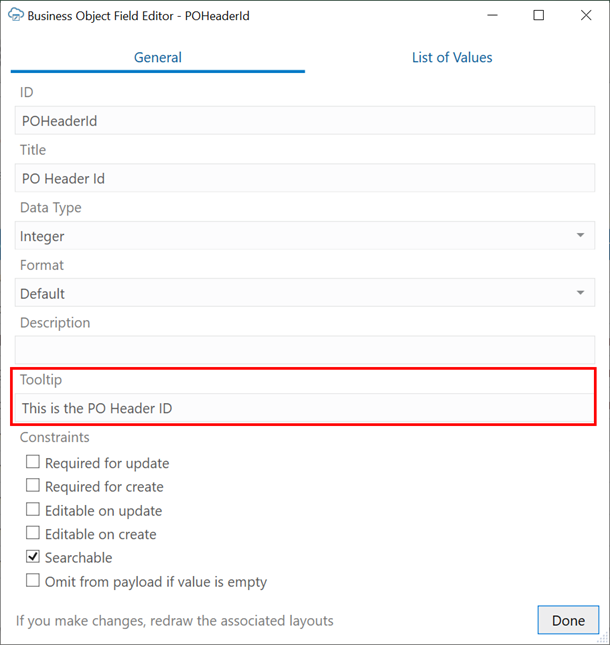 The Business Object Field Editor showing the Tooltip Property