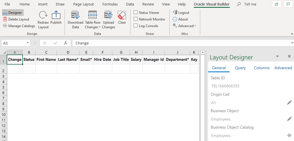 The data table and Layout Designer that appear in the Excel workbook after you specify the business object from which you
				want to download data.